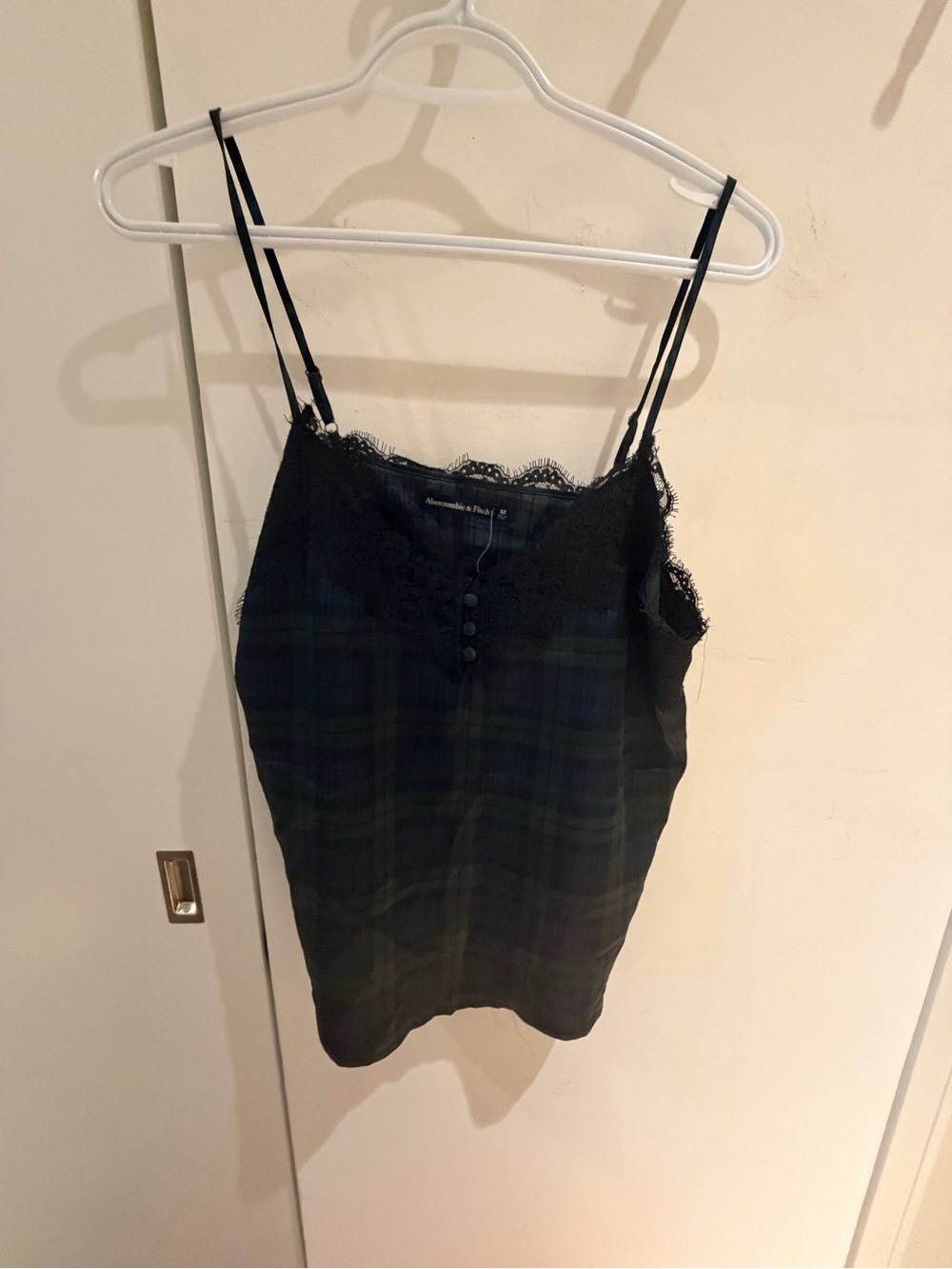 Abercrombie & Fitch Black and Dark Green Plaid Lace-Trim Cami